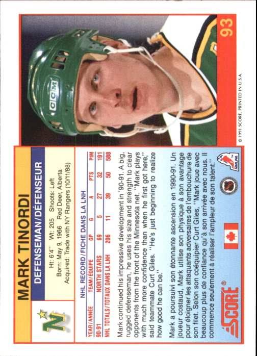 1991-92 Score Canadian Bilingual #93 Mark Tinordi back image