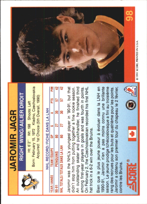 1991-92 Score Canadian Bilingual #98 Jaromir Jagr back image