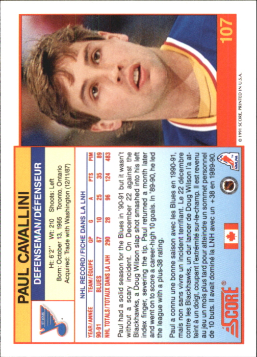 1991-92 Score Canadian Bilingual #107 Paul Cavallini back image