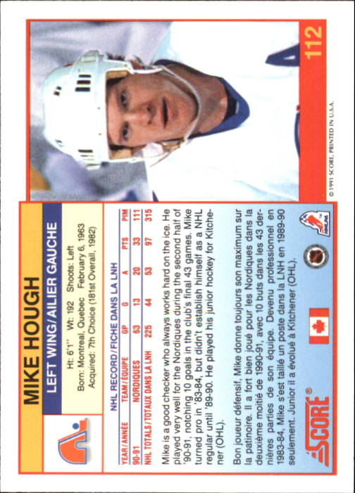 1991-92 Score Canadian Bilingual #112 Mike Hough back image