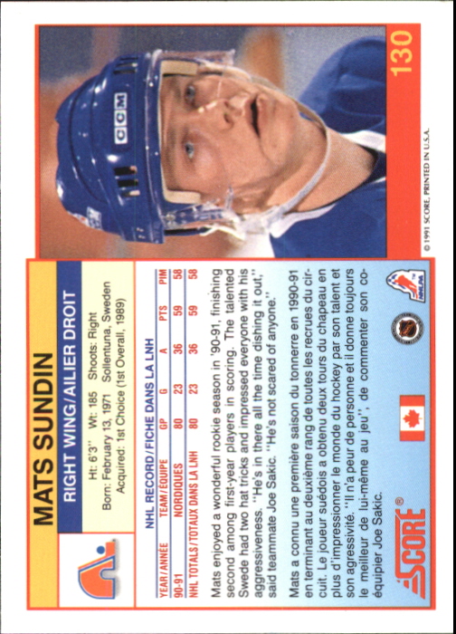 1991-92 Score Canadian Bilingual #130 Mats Sundin back image
