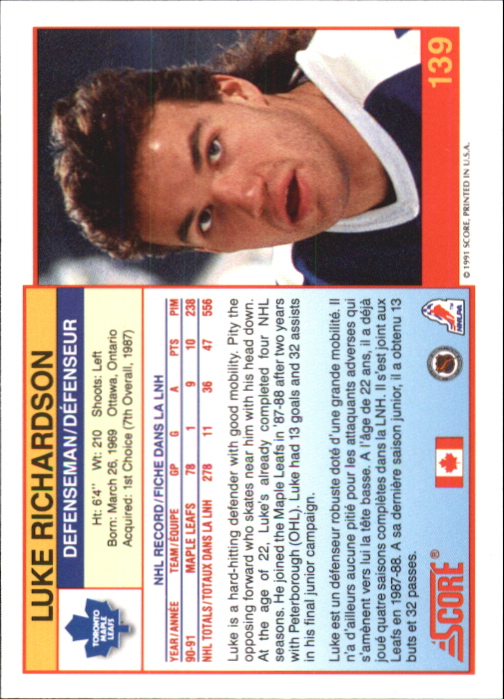 1991-92 Score Canadian Bilingual #139 Luke Richardson back image