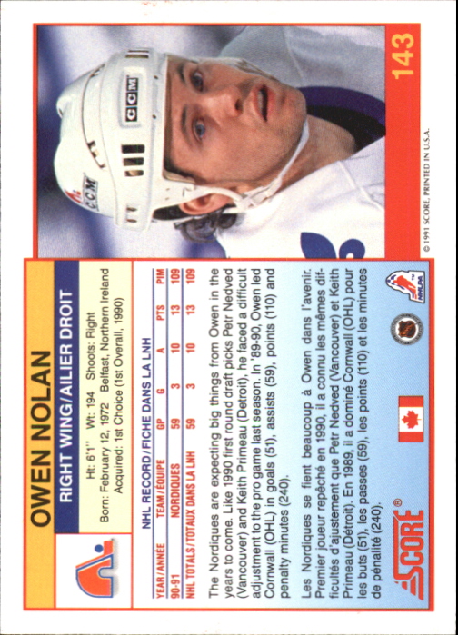 1991-92 Score Canadian Bilingual #143 Owen Nolan back image