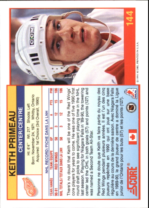 1991-92 Score Canadian Bilingual #144 Keith Primeau back image