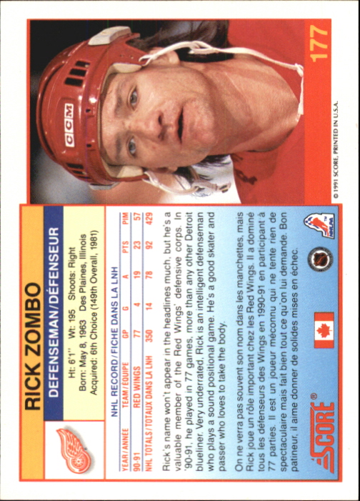 1991-92 Score Canadian Bilingual #177 Rick Zombo back image