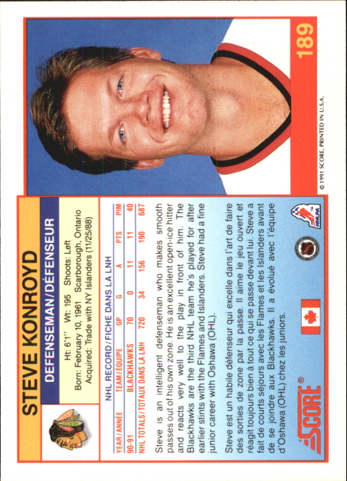 1991-92 Score Canadian Bilingual #189 Steve Konroyd back image