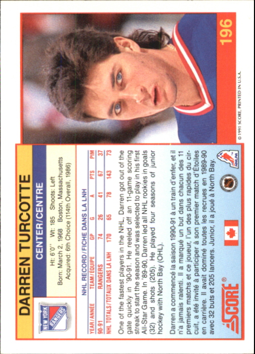1991-92 Score Canadian Bilingual #196 Darren Turcotte back image