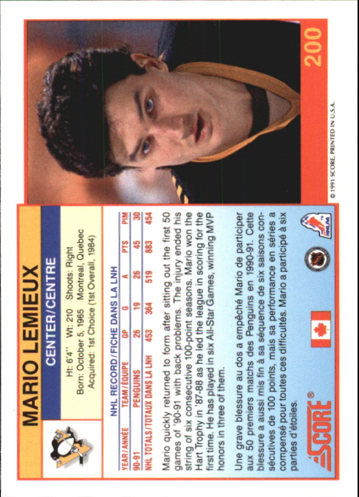 1991-92 Score Canadian Bilingual #200 Mario Lemieux back image