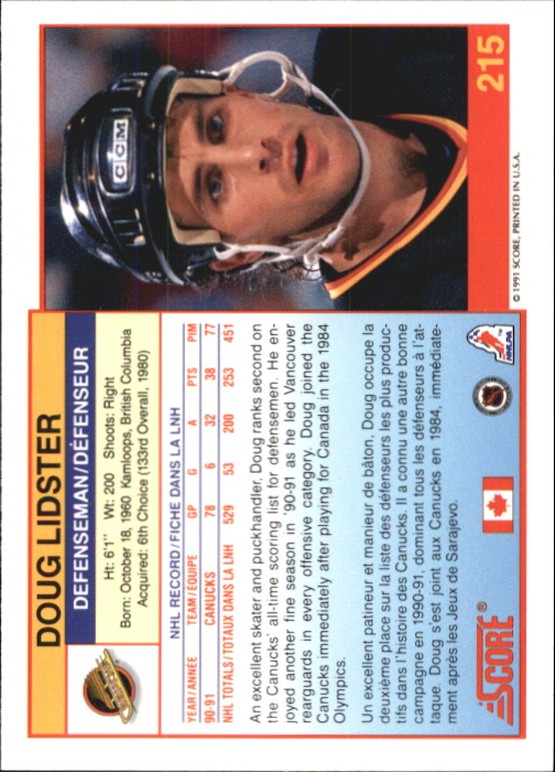 1991-92 Score Canadian Bilingual #215 Doug Lidster back image