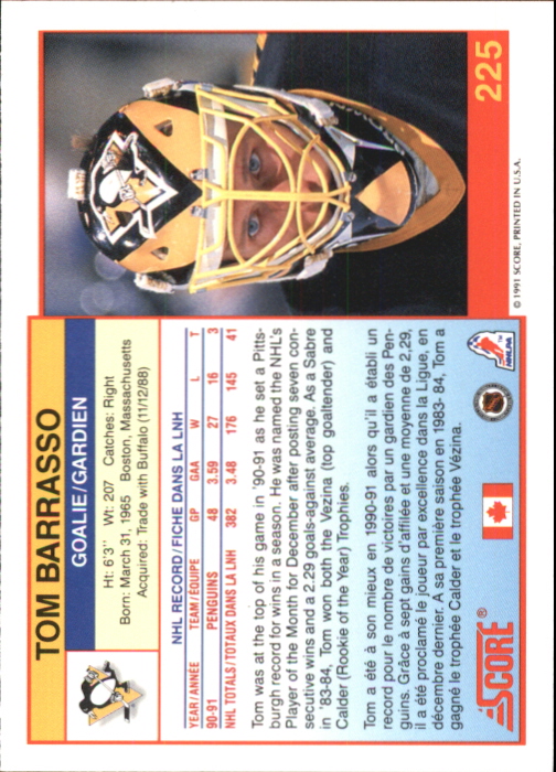 1991-92 Score Canadian Bilingual #225 Tom Barrasso back image
