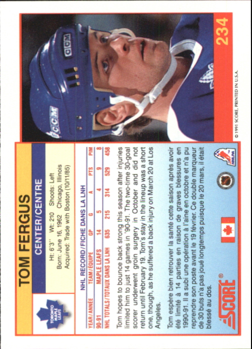 1991-92 Score Canadian Bilingual #234 Tom Fergus back image