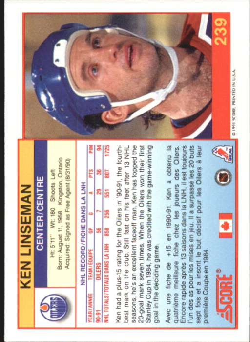 1991-92 Score Canadian Bilingual #239 Ken Linseman back image
