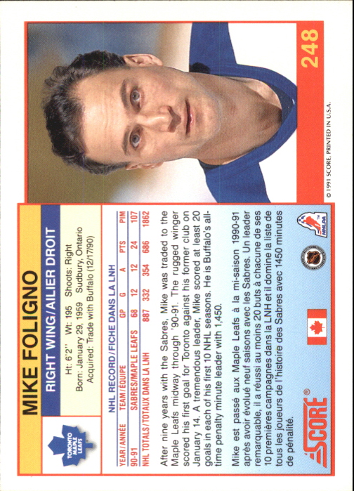 1991-92 Score Canadian Bilingual #248 Mike Foligno back image
