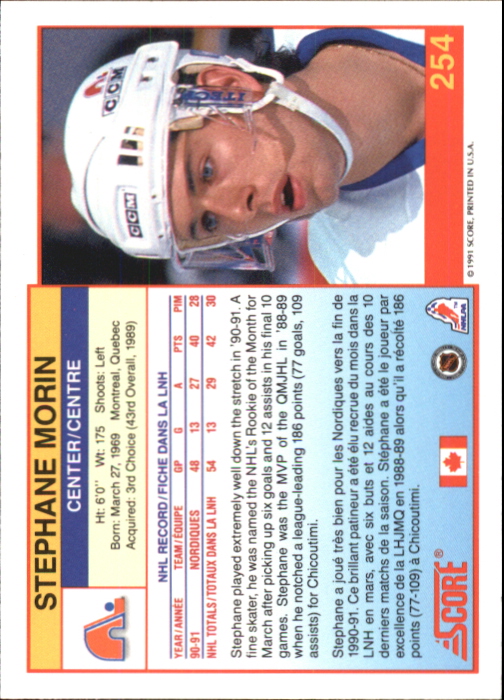 1991-92 Score Canadian Bilingual #254 Stephane Morin back image