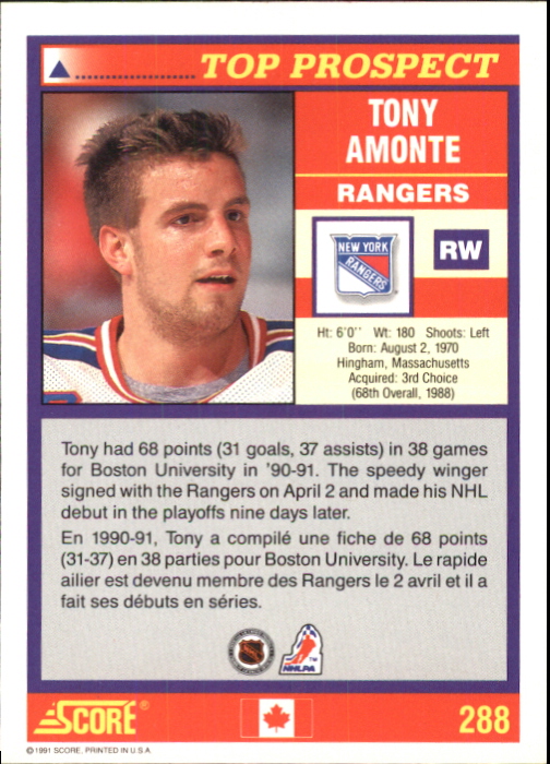 1991-92 Score Canadian Bilingual #288 Tony Amonte TP RC back image