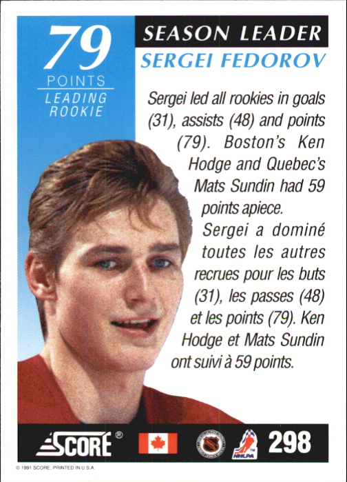 1991-92 Score Canadian Bilingual #298 Sergei Fedorov SL back image