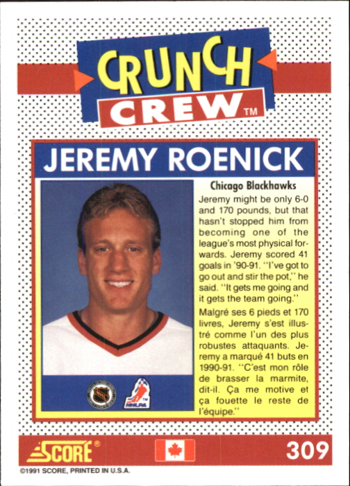 1991-92 Score Canadian Bilingual #309 Jeremy Roenick Crunch back image