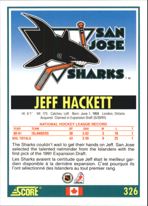 1991-92 Score Canadian Bilingual #326 Jeff Hackett back image