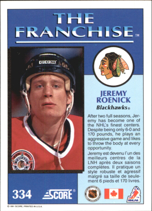 1991-92 Score Canadian Bilingual #334 Jeremy Roenick FP back image