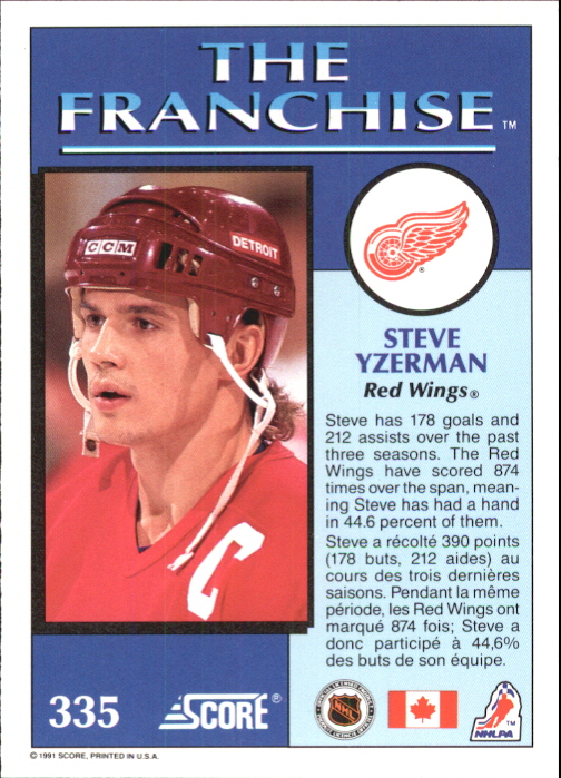 1991-92 Score Canadian Bilingual #335 Steve Yzerman FP back image