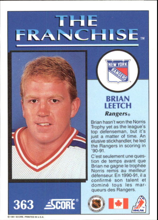 1991-92 Score Canadian Bilingual #363 Brian Leetch FP back image