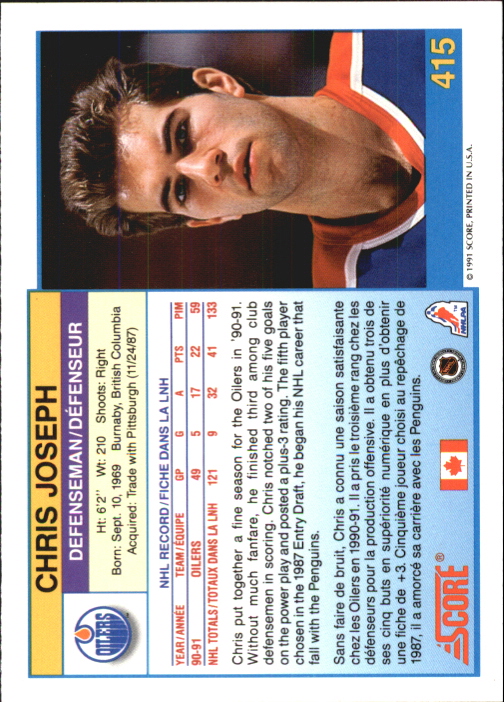 1991-92 Score Canadian Bilingual #415 Chris Joseph back image