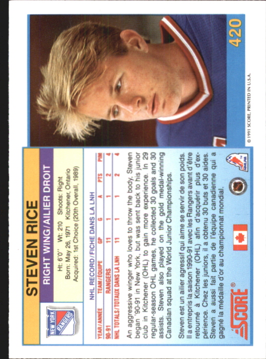 1991-92 Score Canadian Bilingual #420 Steven Rice back image