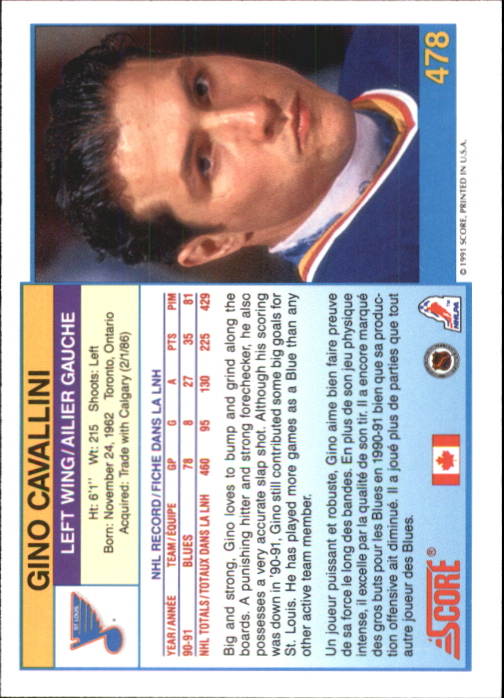 1991-92 Score Canadian Bilingual #478 Gino Cavallini back image