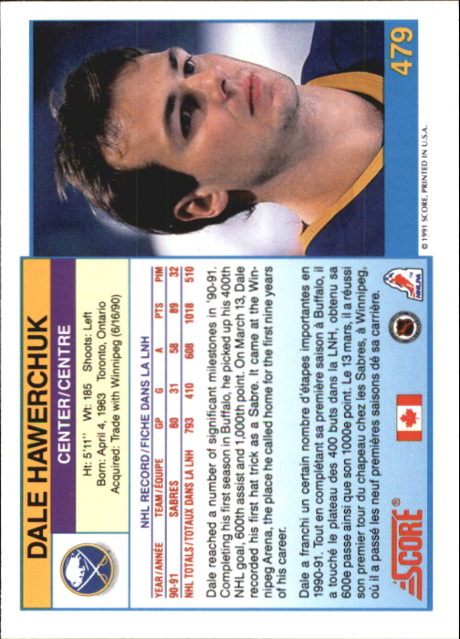 1991-92 Score Canadian Bilingual #479 Dale Hawerchuk back image