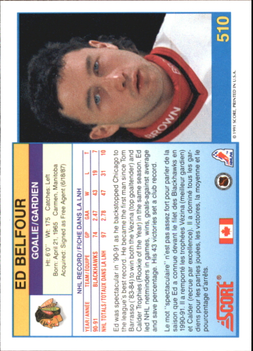 1991-92 Score Canadian Bilingual #510 Ed Belfour back image