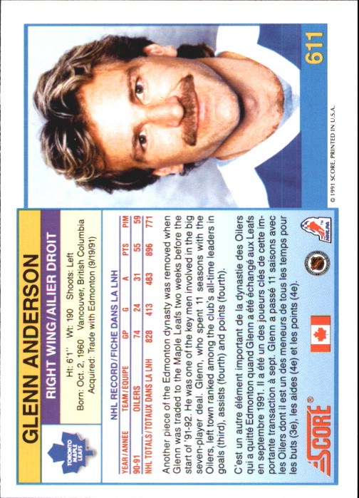 1991-92 Score Canadian Bilingual #611 Glenn Anderson back image