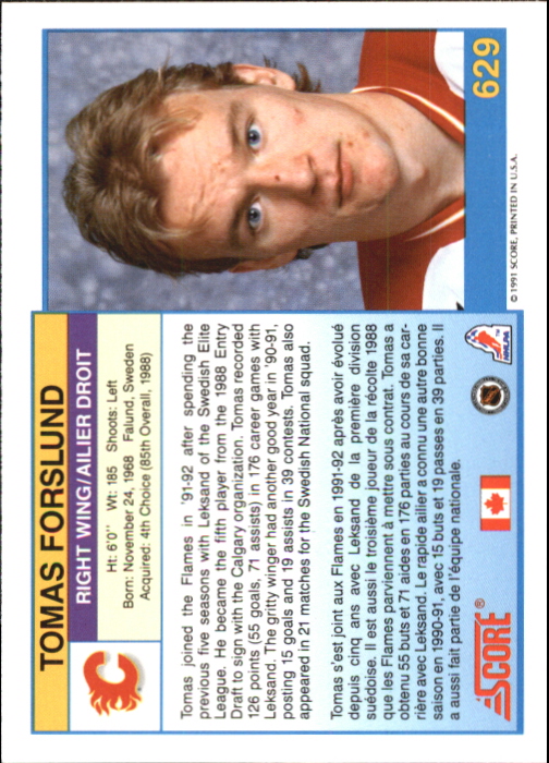 1991-92 Score Canadian Bilingual #629 Tomas Forslund RC back image