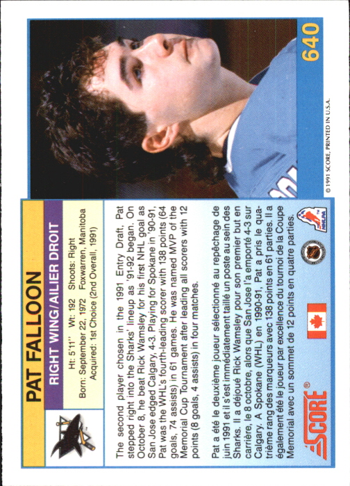 1991-92 Score Canadian Bilingual #640 Pat Falloon back image