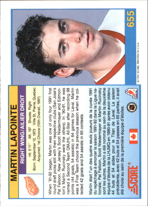 1991-92 Score Canadian Bilingual #655 Martin Lapointe back image