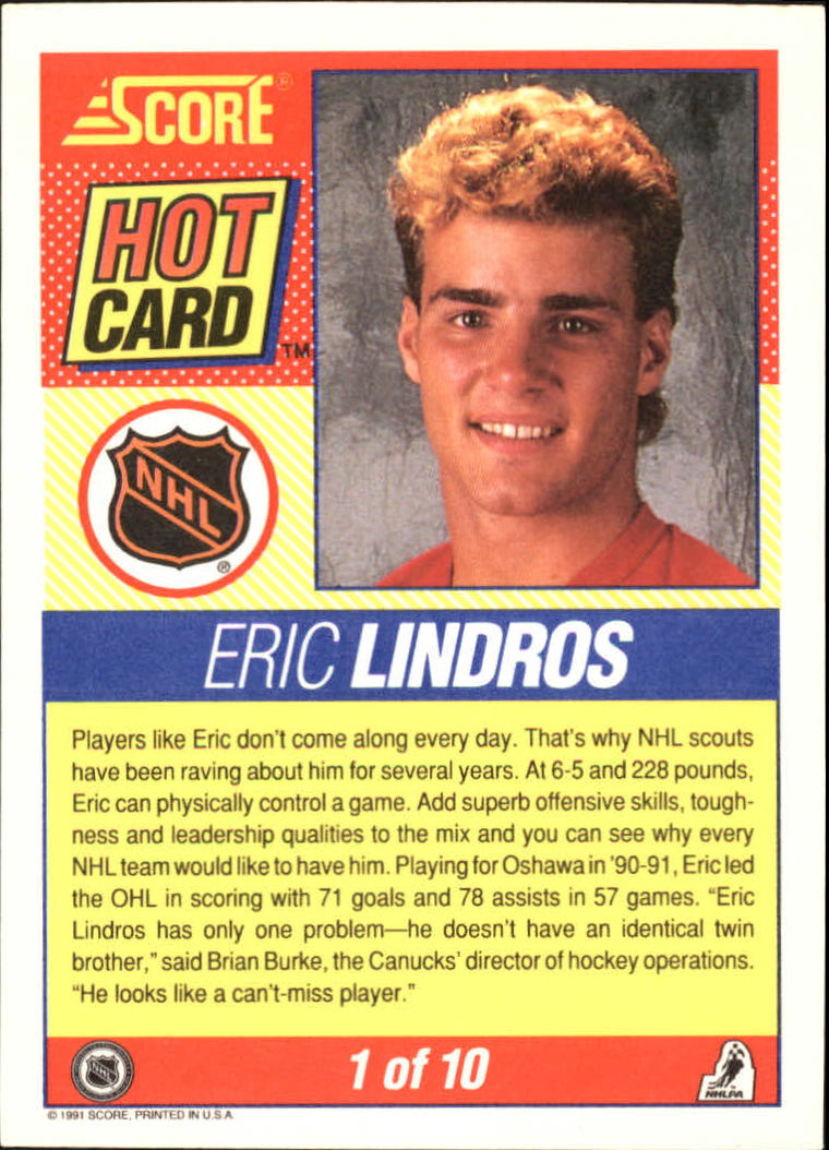 1991-92 Score Hot Cards #1 Eric Lindros back image