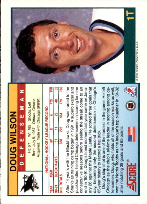 1991-92 Score Rookie Traded #1T Doug Wilson back image
