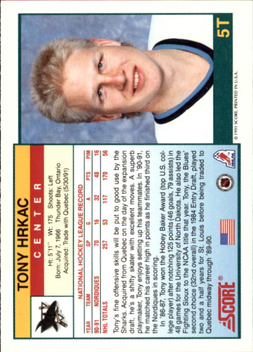 1991-92 Score Rookie Traded #5T Tony Hrkac back image