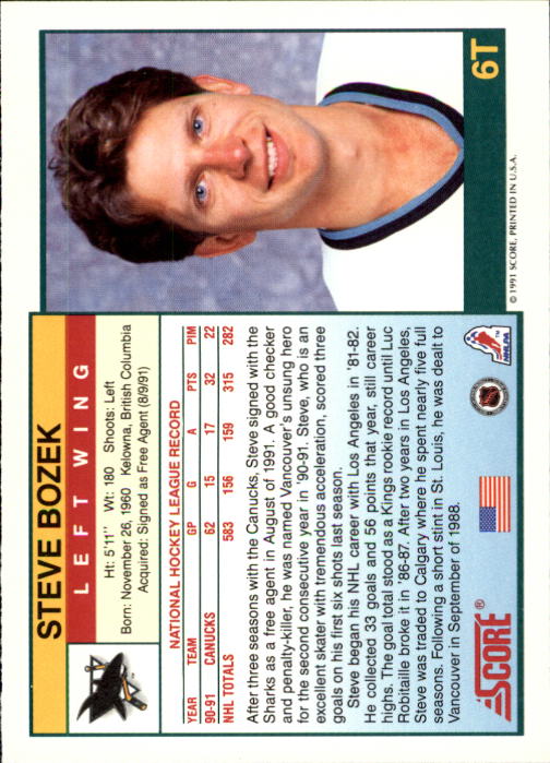 1991-92 Score Rookie Traded #6T Steve Bozek back image