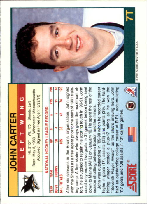 1991-92 Score Rookie Traded #7T John Carter back image