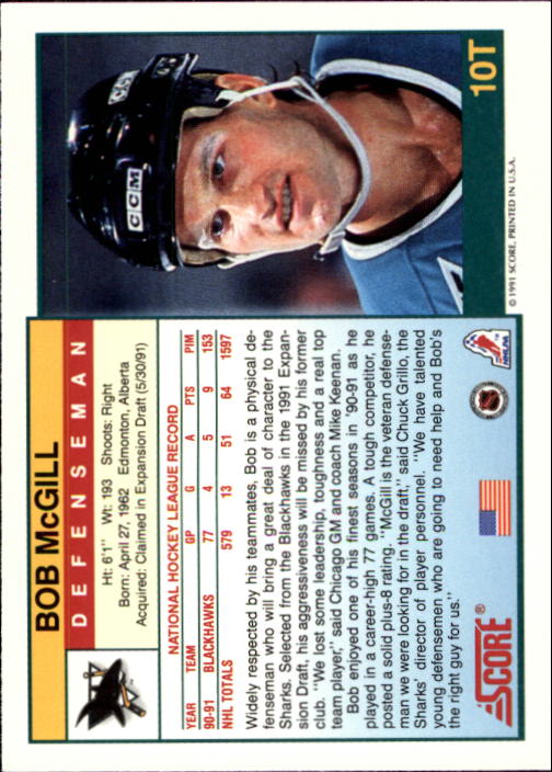 1991-92 Score Rookie Traded #10T Bob McGill back image