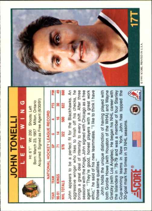 1991-92 Score Rookie Traded #17T John Tonelli back image