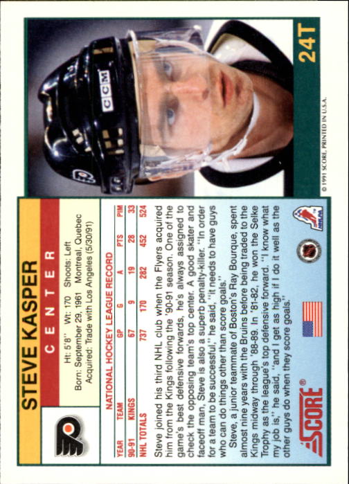 1991-92 Score Rookie Traded #24T Steve Kasper back image