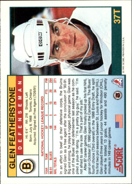 1991-92 Score Rookie Traded #37T Glen Featherstone back image