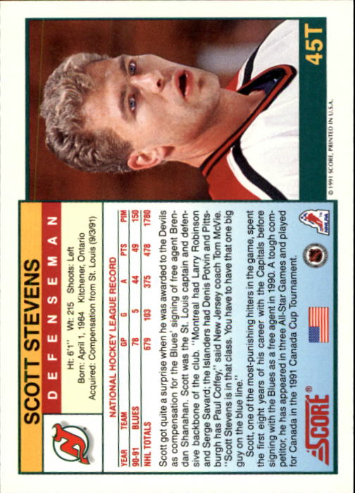 1991-92 Score Rookie Traded #45T Scott Stevens back image