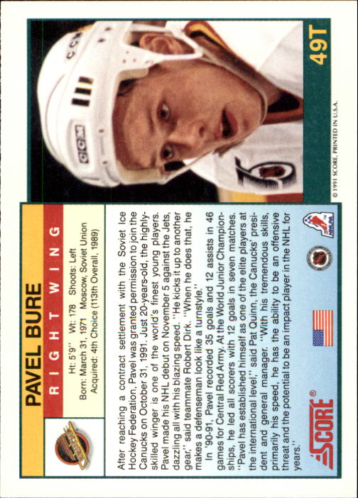 1991-92 Score Rookie Traded #49T Pavel Bure back image
