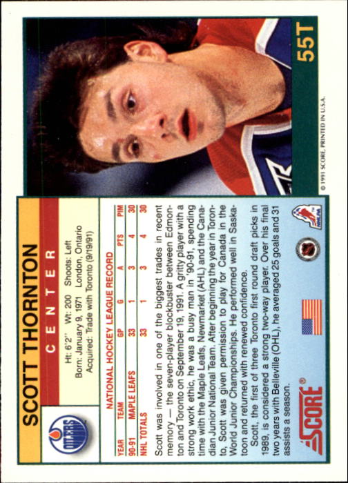 1991-92 Score Rookie Traded #55T Scott Thornton back image