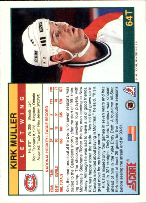 1991-92 Score Rookie Traded #64T Kirk Muller back image