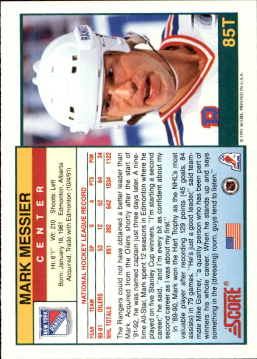 1991-92 Score Rookie Traded #85T Mark Messier back image