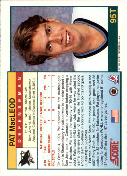 1991-92 Score Rookie Traded #95T Pat MacLeod RC back image