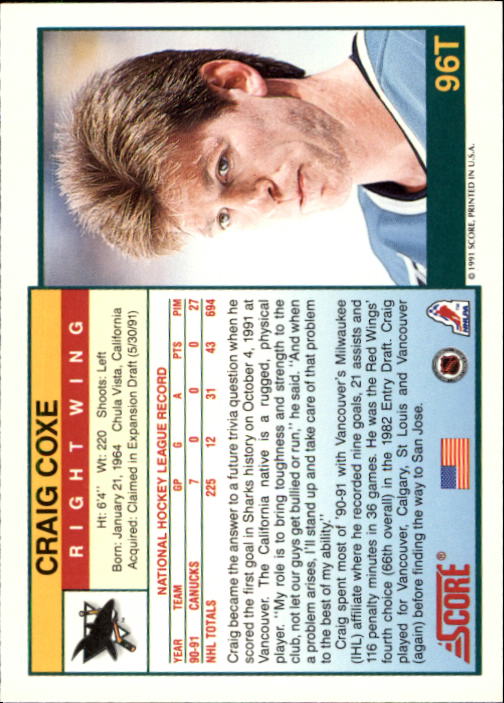 1991-92 Score Rookie Traded #96T Craig Coxe back image
